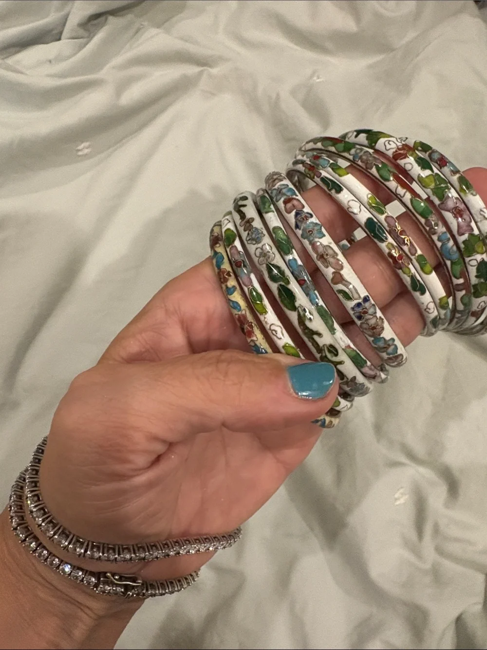 10 Pc Stack Floral Cloisonné White Enamel Bangle Set - Multi-Color Flower Design